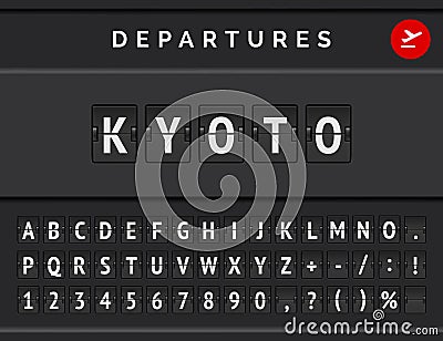 Flight flip board font displays airport departure destination in Japan Kyoto . Vector illustration Cartoon Illustration