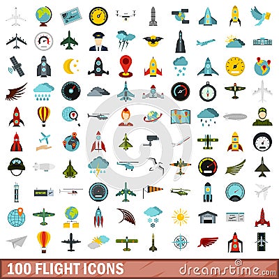 100 flight icons set, flat style Vector Illustration