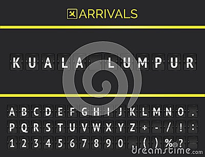Flight info banner board with Kuala Lumpur typed by airport flip scoreboard mechanical font with airline arrivals icon Vector Illustration