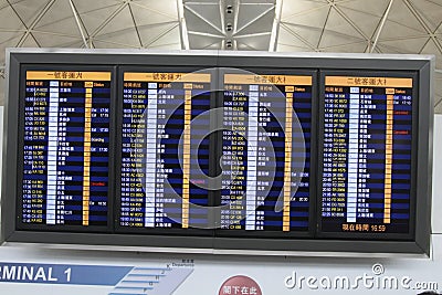 Flight information board in airport terminal Stock Photo