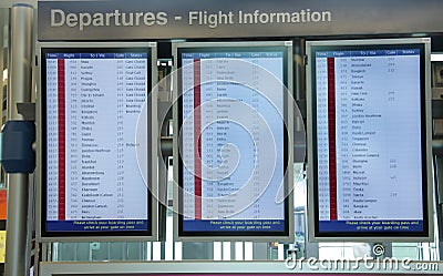 Flight information board at Dubai Airport Stock Photo