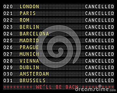 Flight information display showing cancelled flights because of corona shutdown, displaying the message we`ll be back Vector Illustration