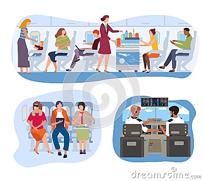 Flight passengers in plane, people traveling in aircraft, pilot cabin and stewardess in uniform, vector illustration Vector Illustration