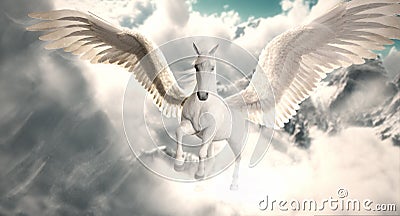 Flight of the Pegasus. Majestic Pegasus horse flying high above the clouds and snow peaked mountains. Stock Photo