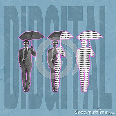 Poster graphics. Business man in retro suit with umbrella over blue background with lettering. Contemporary art collage Stock Photo