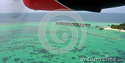 Aerial view of Maafushivaru atoll from seaplane, Maldives Stock Photo
