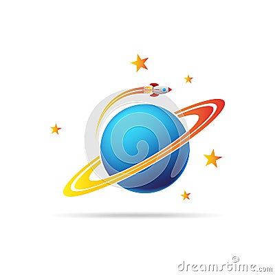 Flight space rocket around planet. Vector illustration. Cartoon Illustration