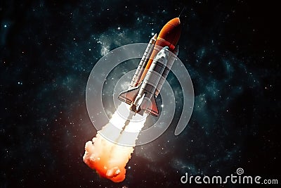 The flight of a spacecraft into space beyond the Earth's orbit, generative AI. Stock Photo