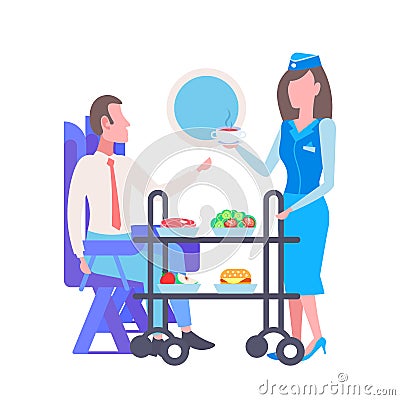 Flight stewardess serving drinks and food to airplane male passenger sitting comfortable seat during trip modern plane Vector Illustration