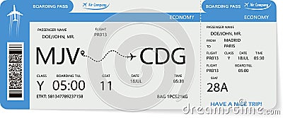 Flight ticket. Blue boarding pass. Vector Illustration