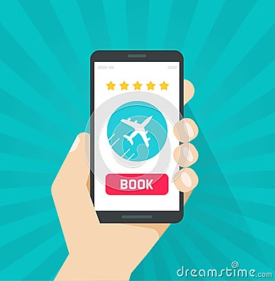 Flight tickets online from smartphone vector illustration, flat cartoon mobile phone with plane via book button Vector Illustration