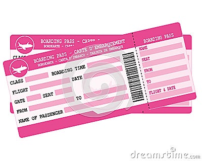 Flight tickets. Two pink boarding passes. Illustration for vacation departure. Vector Illustration
