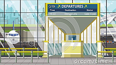 Flight to Bengaluru on airport departure board. Trip to India cartoon illustration Stock Photo