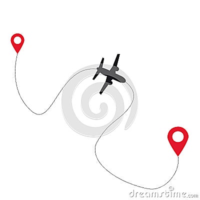 Flight trace with an airplane and location marks on a white background with copy space Vector Illustration