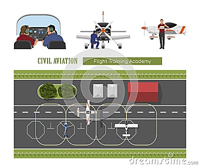 Flight training academy. Repair and maintenance of the aircraft. A plane flying over an airfield Vector Illustration