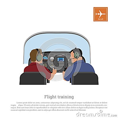 Flight training. Cabin of the aircraft from the inside. Airplane piloting lessons Vector Illustration