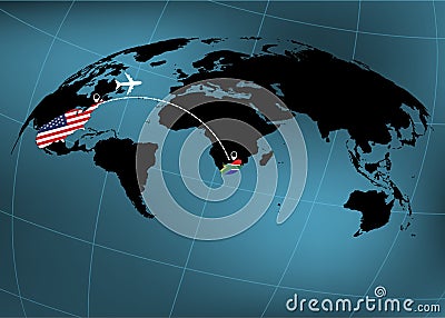 Flight from USA to South Africa above world map. Airplane arrives to Africa. The world map. Airplane line path. Vector Vector Illustration