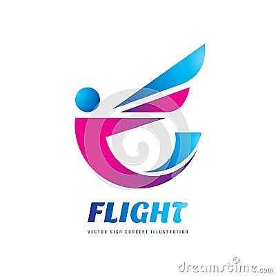 Flight - vector logo template concept illustration. Abstract human character creative sign. Flight person with wing. Vector Illustration