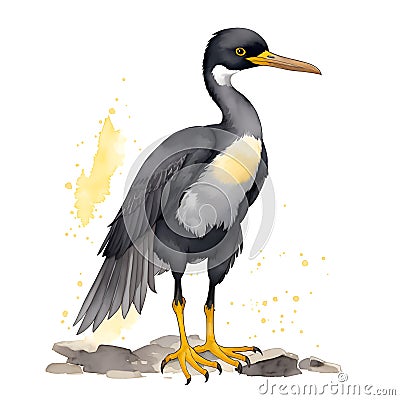 Flightless Cormorant bird in cartoon style. Cute Little Cartoon Flightless Cormorant bird isolated on white background. Watercolor Cartoon Illustration