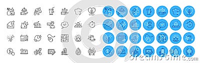 Flights application, Person talk and Skyscraper buildings line icons pack. For web app. Color icon buttons. Vector Vector Illustration