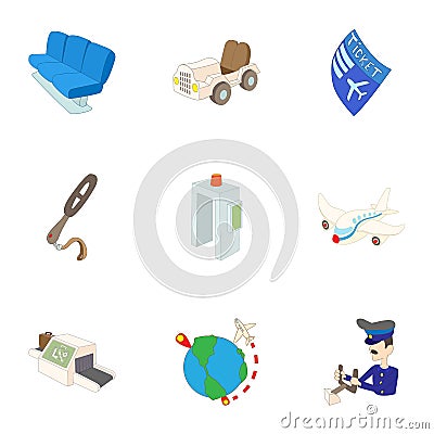 Flights icons set, cartoon style Vector Illustration