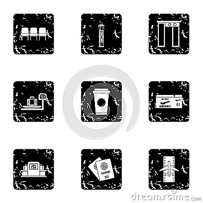 Flights icons set, grunge style Vector Illustration