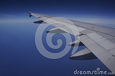 Fligt over the ocean. Boeing wing Stock Photo