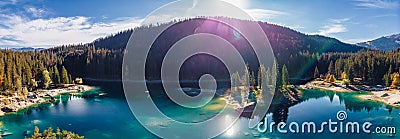 Flims lake at Switzerland drone aerial, alpine mountains, sunny, summer landscape, blue water Stock Photo