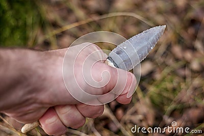 Flint knife - stone age tool leaf blade in deer antler Stock Photo