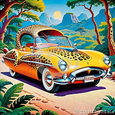 Flintstone leopard skin touring jalopy car comic Cartoon Illustration