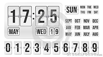 Flip clock. Countdown mechanical timer with hour date month indicators, analog time board display with number counter. Vector Cartoon Illustration