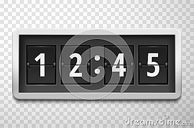 Flip clock realistic icon. Electromechanical split-flap display showing time. Hours minutes Cartoon Illustration