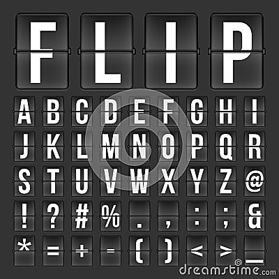 Flip countdown digital calendar clock numbers and letters. vector alphabet, font, airport board arrival symbols Vector Illustration