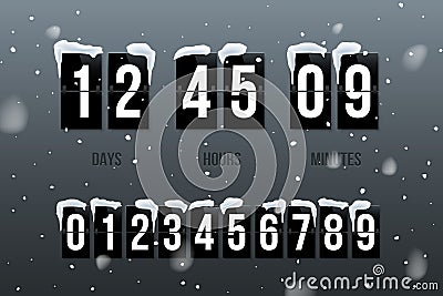 Flip countdown showing days, hours and minutes. Flip board with white numbers on black panels in retro style on snowfall Vector Illustration