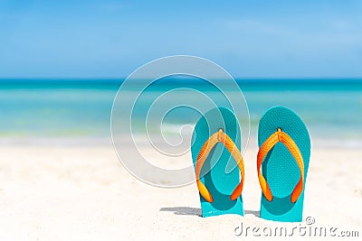 Flip flop on sandy beach, green sea and blue sky background Stock Photo