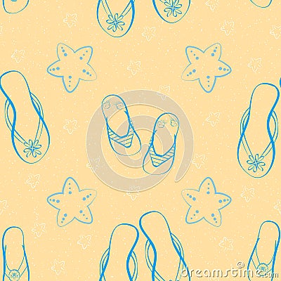 Flip flop shoe on beach seamless vector pattern background. Hand drawn outline style with cute starfish on sand textured Vector Illustration