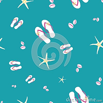 Flip flop shoe seamless vector pattern background. Stylish sandals, starfish, cowrie shell all over print. Aqua blue Vector Illustration