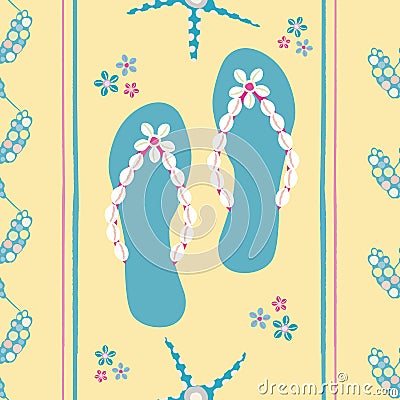 Flip flop shoe seamless vector pattern background. Stylish sandals, starfish, cowrie shell backdrop. Geometric stripe Vector Illustration