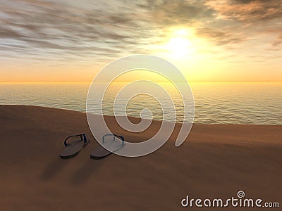 Flip flops on a beach at sunset. Stock Photo