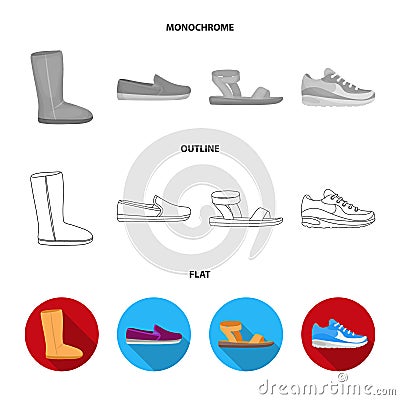 Flip-flops, clogs on a high platform and heel, green sneakers with laces, female gray ballet flats, red shoes on the Vector Illustration