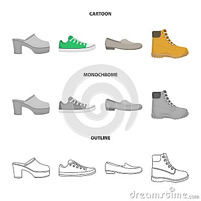 Flip-flops, clogs on a high platform and heel, green sneakers with laces, female gray ballet flats, red shoes on the Vector Illustration