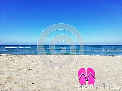 Flip-flops in the foreground and sea in the background Stock Photo