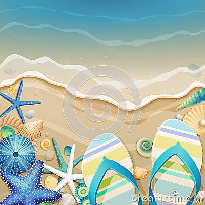 Flip-flops and shells on the beach. Vector Illustration