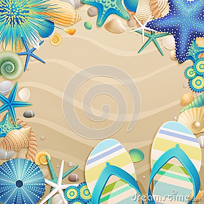 Flip-flops and shells frame on the beach Vector Illustration