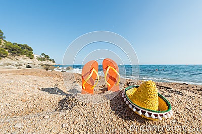 Flip flops at the Spanish beach Stock Photo