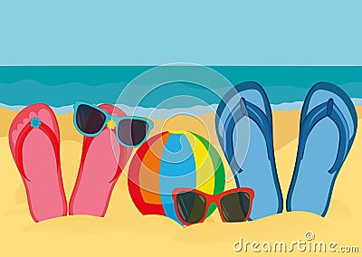 Flip-flops and sunglasses on the sandy shore of the ocean. Vector Stock Photo