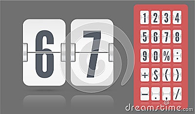 Flip number and symbol scoreboard on transparent background. White snalog countdown number font. Vector template Vector Illustration