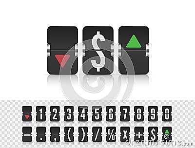 Flip number and symbol scoreboard. Stock exchange vector mechanic board. Analog flip airport board for countdown timer. Vector Illustration