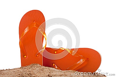 Flipflops in sand on white with copy space Stock Photo