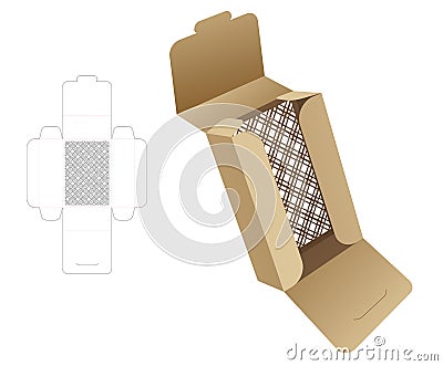 2 flips box with stenciled striped pattern window die cut template and 3D mockup Vector Illustration